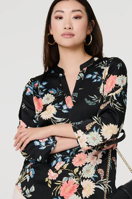 Floral Print 3/4 Sleeve V-Neck Blouse