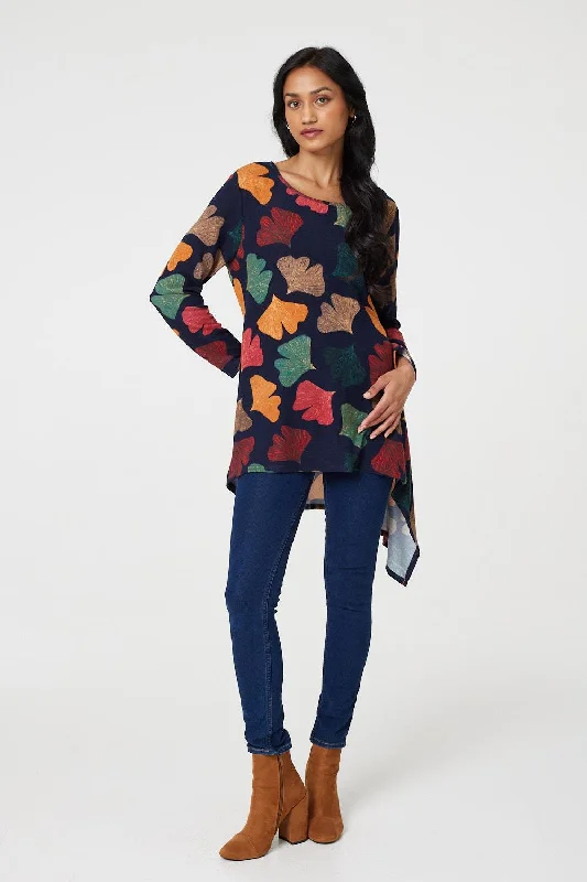 Leaf Print High Low Tunic Top