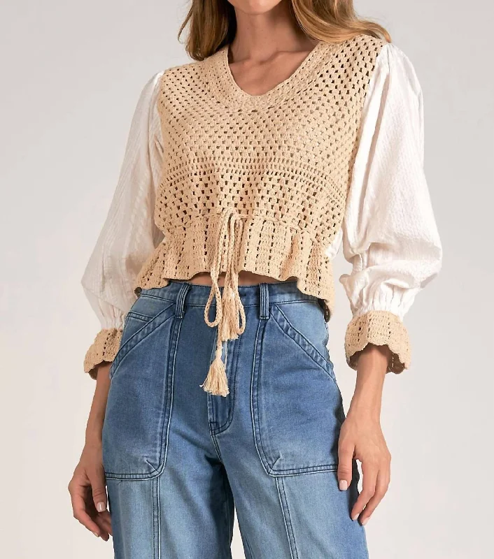 3/4 Sleeve Crochet Yarn Top In Tan