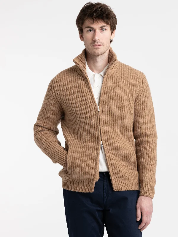 Camel Brown 5-Ply Cashmere Full Zip Knit