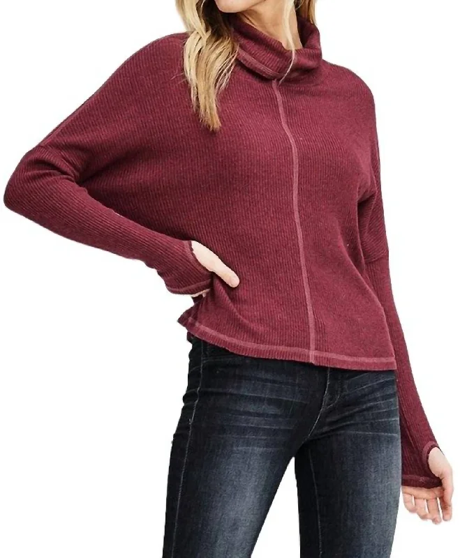 Camryn Ribbed Turtleneck Dolman Sleeve Top In Wine