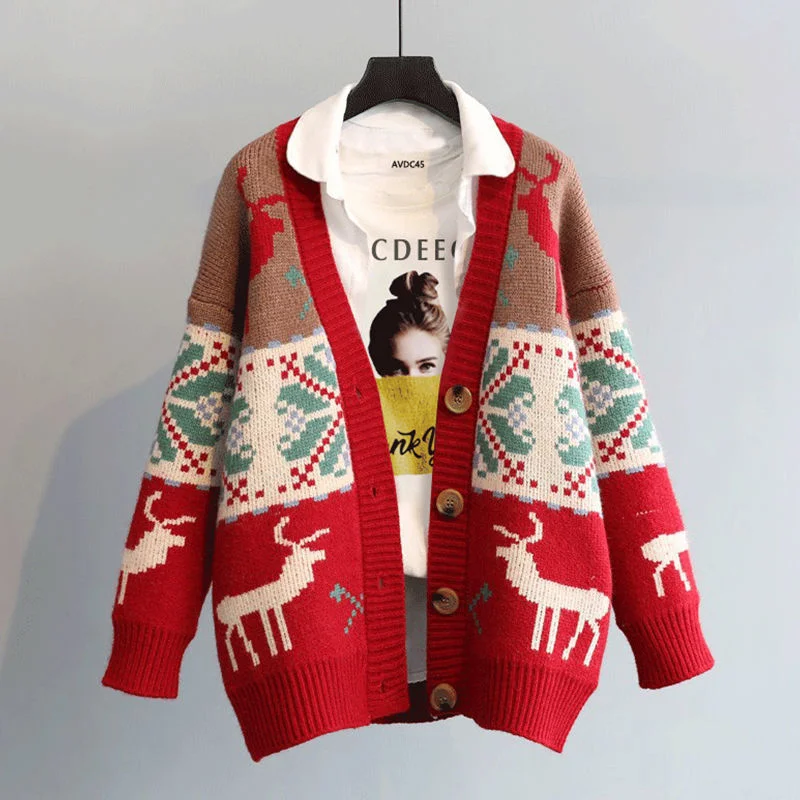 Amy Fashion - Fashion Deer Cartoon Print Sweater