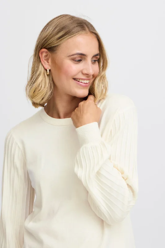 Fransa Fine Round neck Knit with ribbed sleeve Black Or Cream