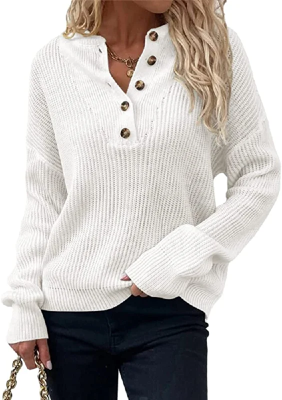 Amy Fashion - Women's  Loose Button V Neck Long Sleeve Sweater