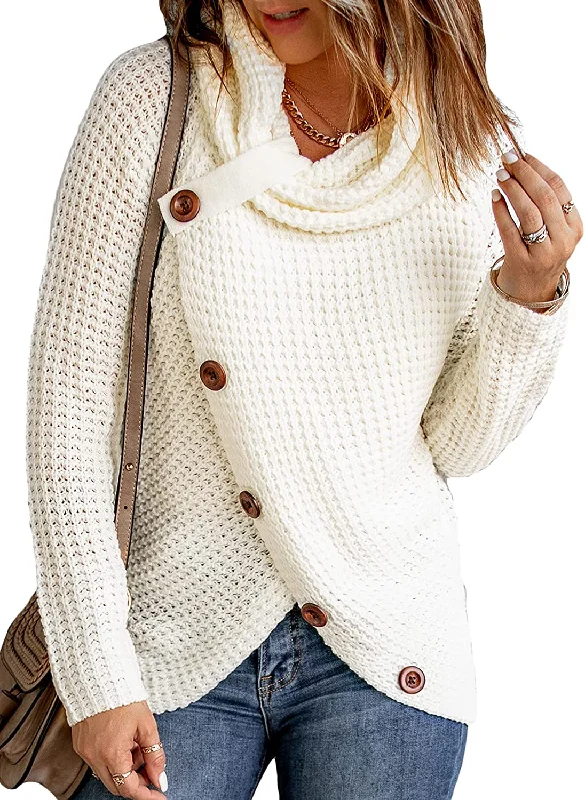 Amy Fashion - Womens Button Cowl Neck Long Sleeve Asymmetric Wrap Sweater