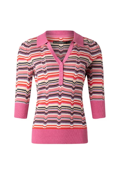 Women's V Neck Polo With Contrast Rib Sweater In Pink Multi