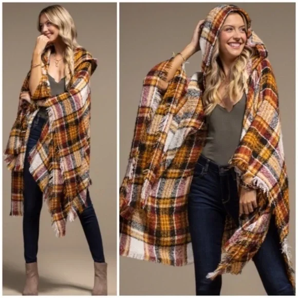 Mochachino Knit Plaid Hooded Hoodie Open Fringe Ruana Wrap Fall Casual