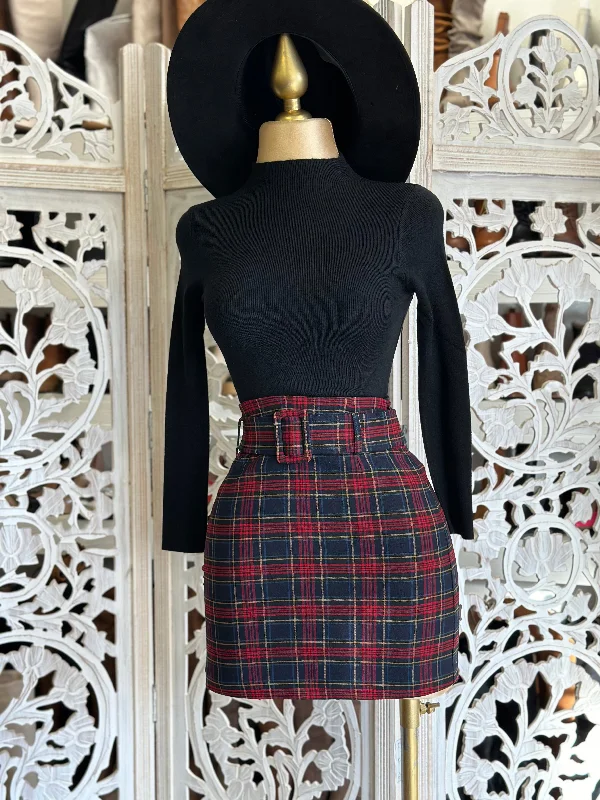 Red plaid Mini Skirt with Thick Belt