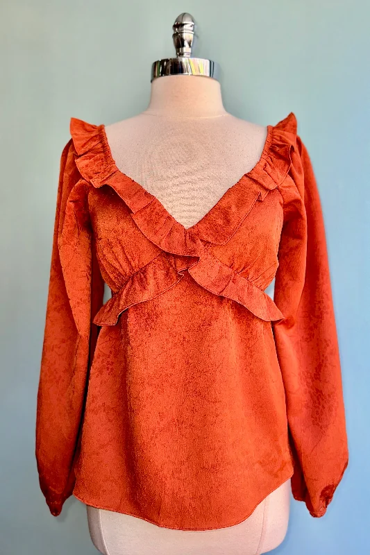 Rust Jacquard Billowy Sleeve Top