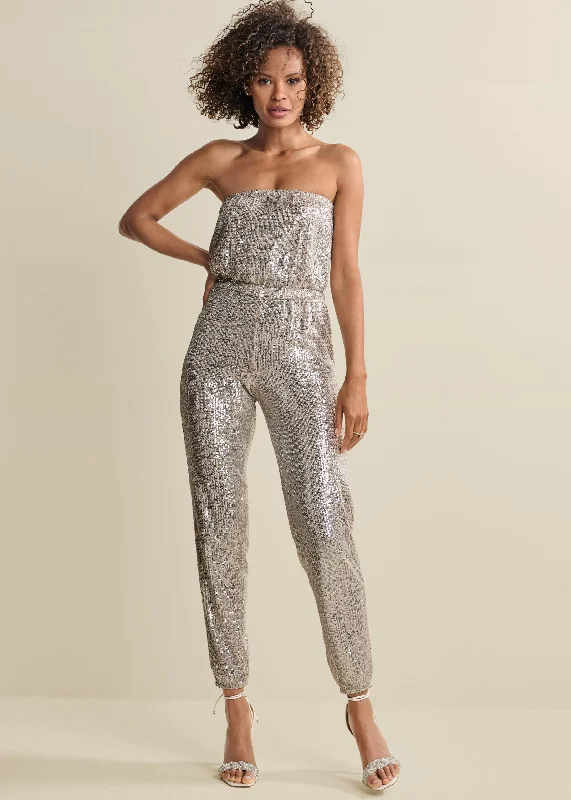 Strapless Sequin Jumpsuit - Champagne