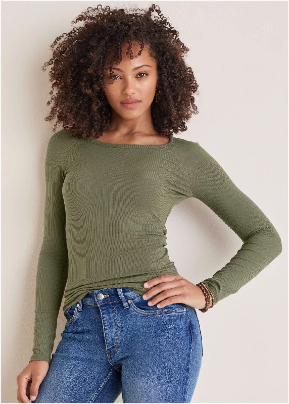 Ribbed Crew Neck Top - Olive