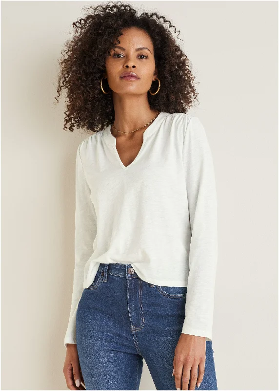 V-Neck Shirred Long Sleeve Top - Off White