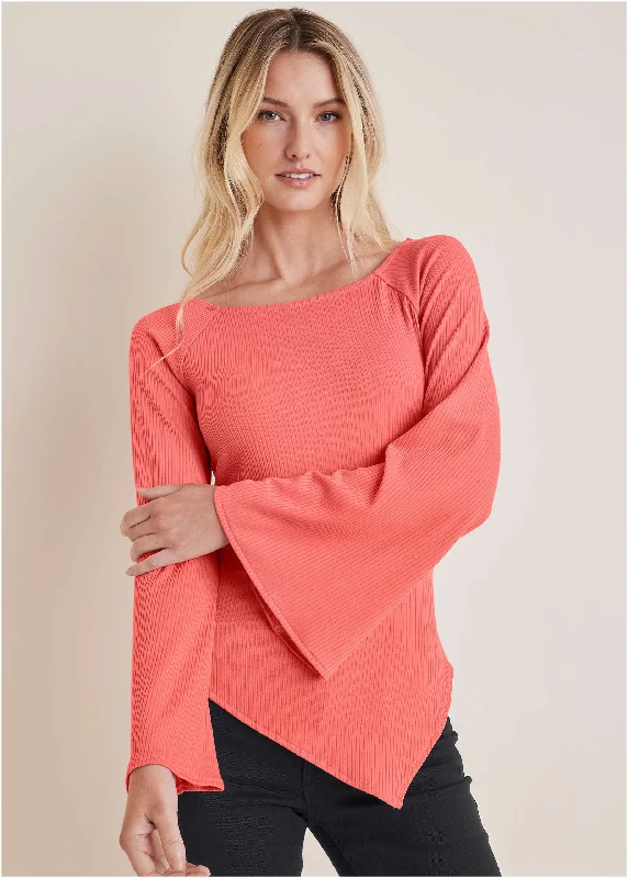 Ribbed Bell Sleeve Top - Mineral Red