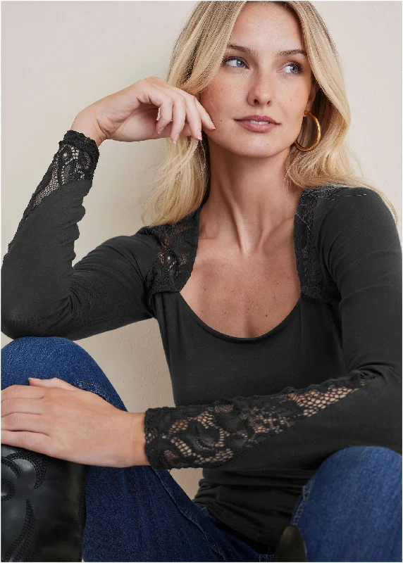 Lace Inset Long Sleeve Top - Black