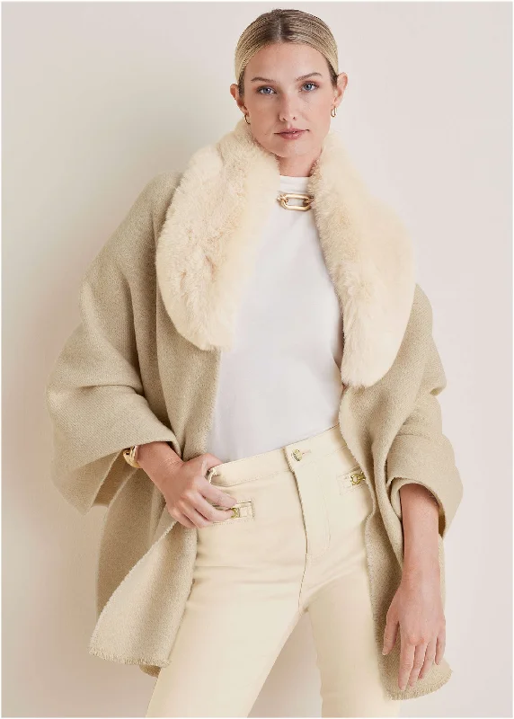 Faux-Fur Trim Wrap - Cream