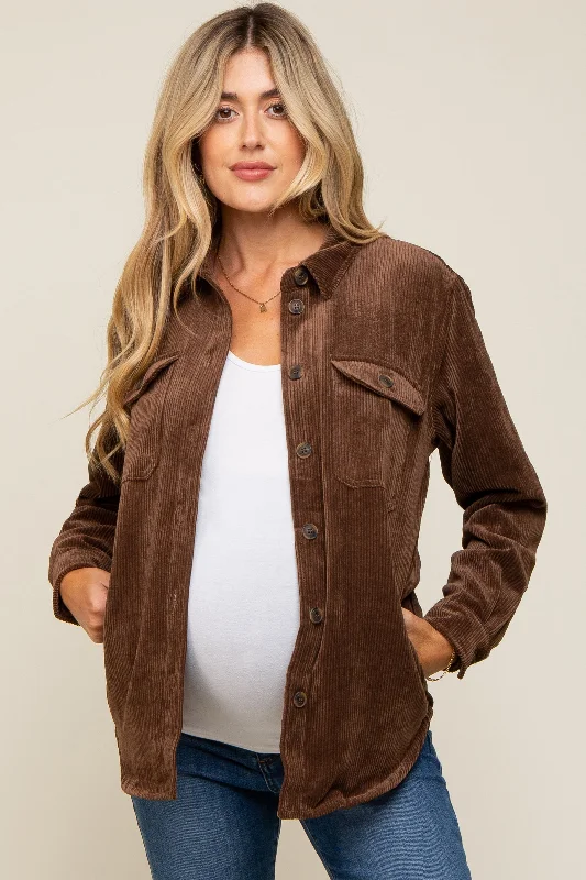 Brown Corduroy Plaid Fleece Lined Button Down Maternity Shacket