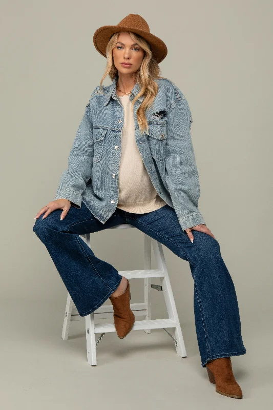 Light Blue Front Pocket Denim Maternity Shacket