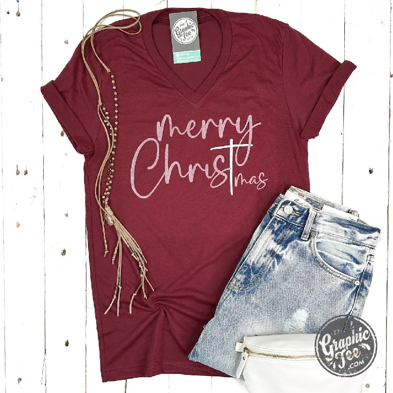 Merry ChrisTmas Heather Cardinal V Neck Short Sleeve Tee