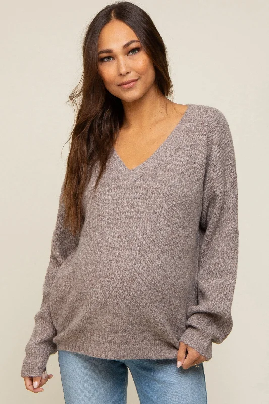 Mocha V-Neck Relaxed Fit Maternity Sweater